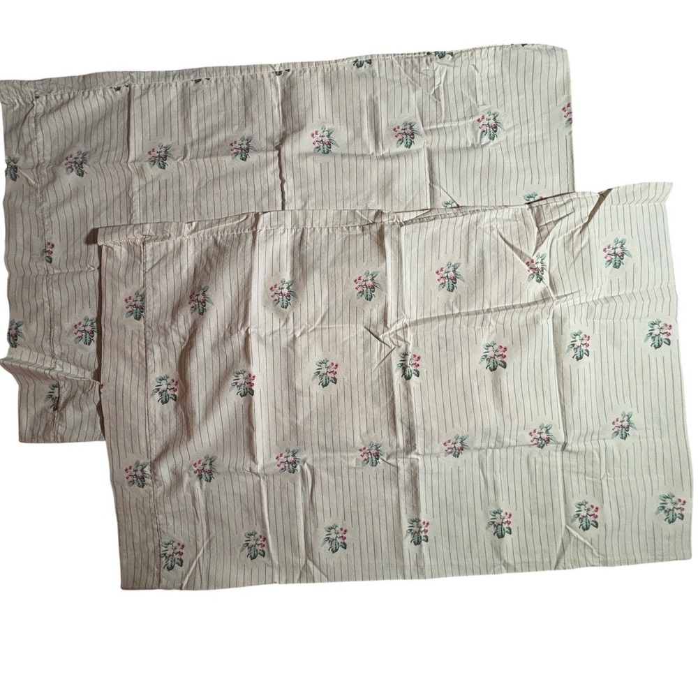 Vintage Floral Stripe Pillowcase Set of 2 Cottagecore Shabby‎ Chic Cream Pink